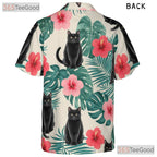 Unisex Black Cat Hawaiian Shirt- Red Hibiscus Jungle Leaf Tropical Aloha Top