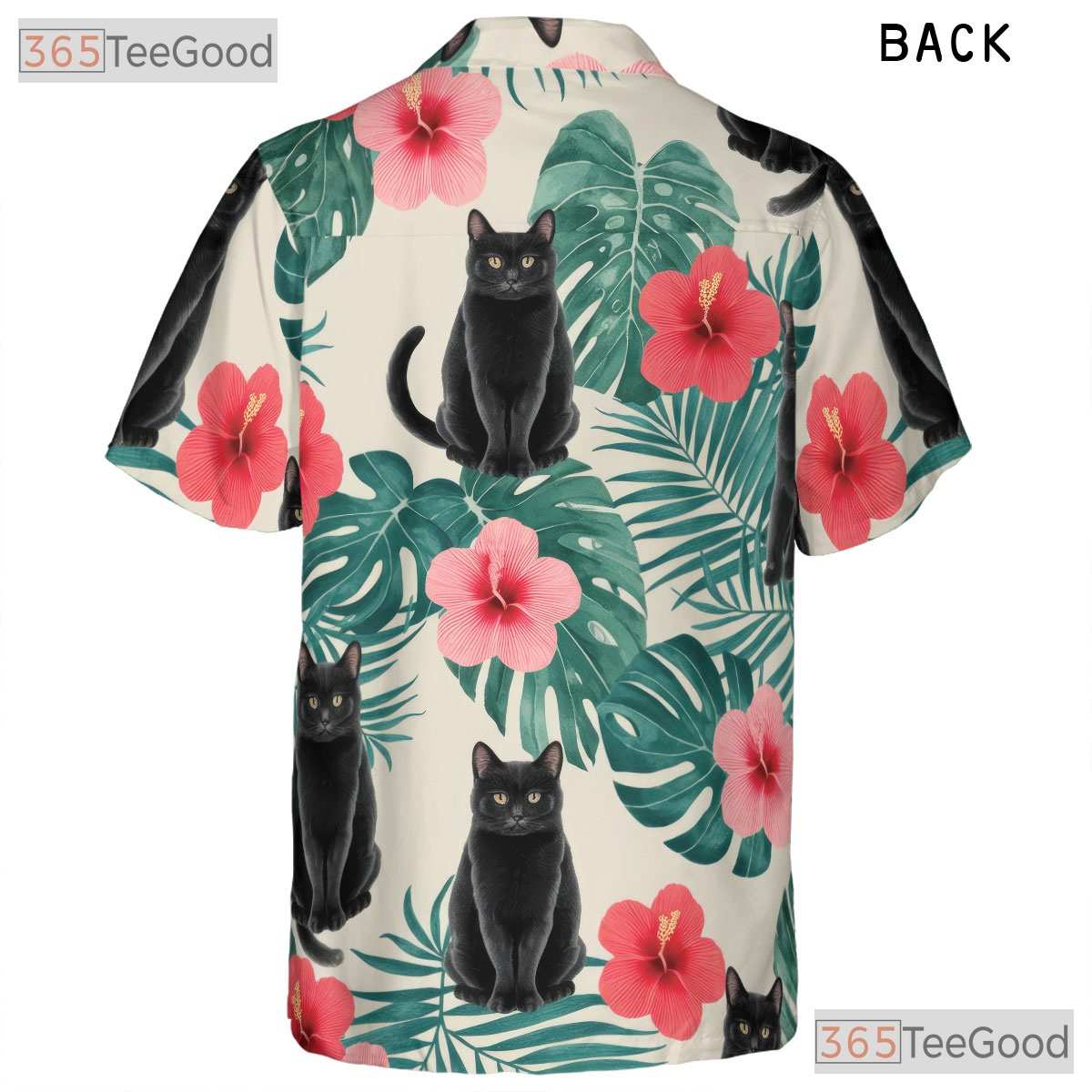Unisex Black Cat Hawaiian Shirt- Red Hibiscus Jungle Leaf Tropical Aloha Top
