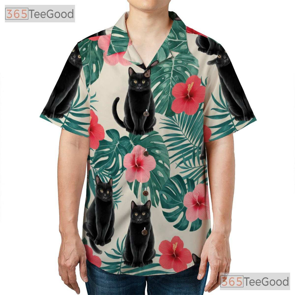 Unisex Black Cat Hawaiian Shirt- Red Hibiscus Jungle Leaf Tropical Aloha Top