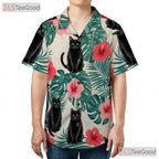 Unisex Black Cat Hawaiian Shirt- Red Hibiscus Jungle Leaf Tropical Aloha Top