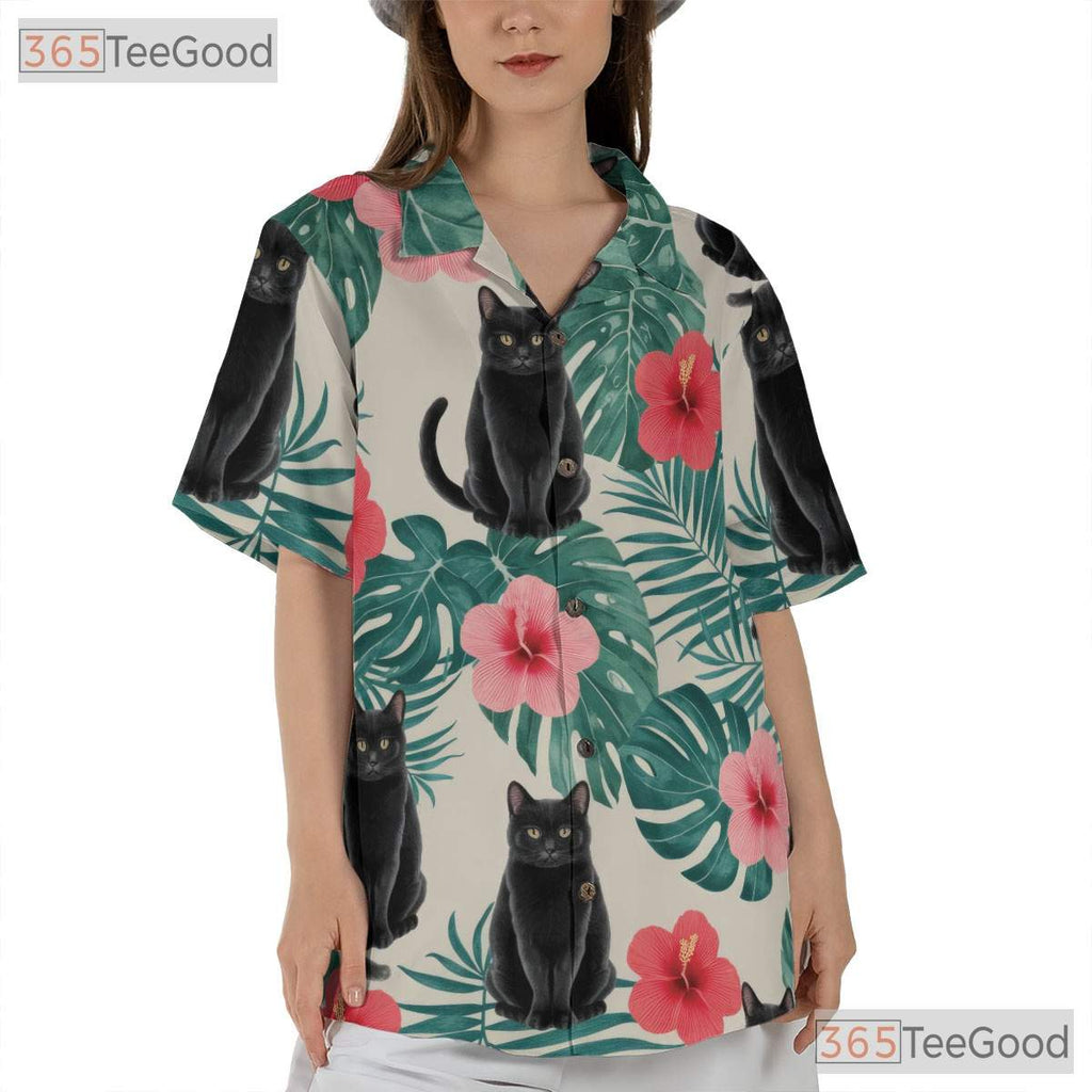 Unisex Black Cat Hawaiian Shirt- Red Hibiscus Jungle Leaf Tropical Aloha Top