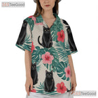 Unisex Black Cat Hawaiian Shirt- Red Hibiscus Jungle Leaf Tropical Aloha Top
