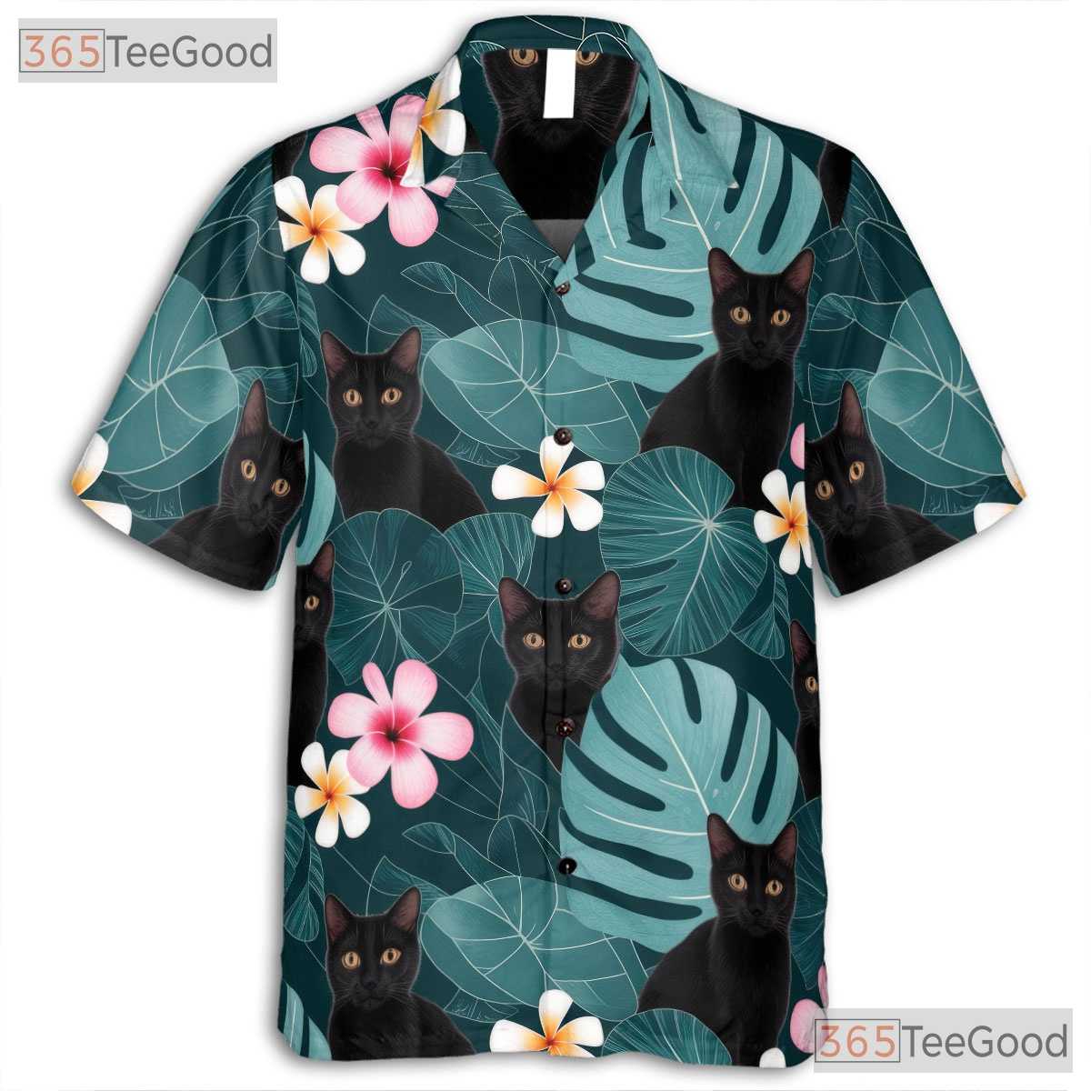 Unisex Black Cat Hawaiian Shirt- Tropical Aqua Jungle Leaf Floral Aloha Tee