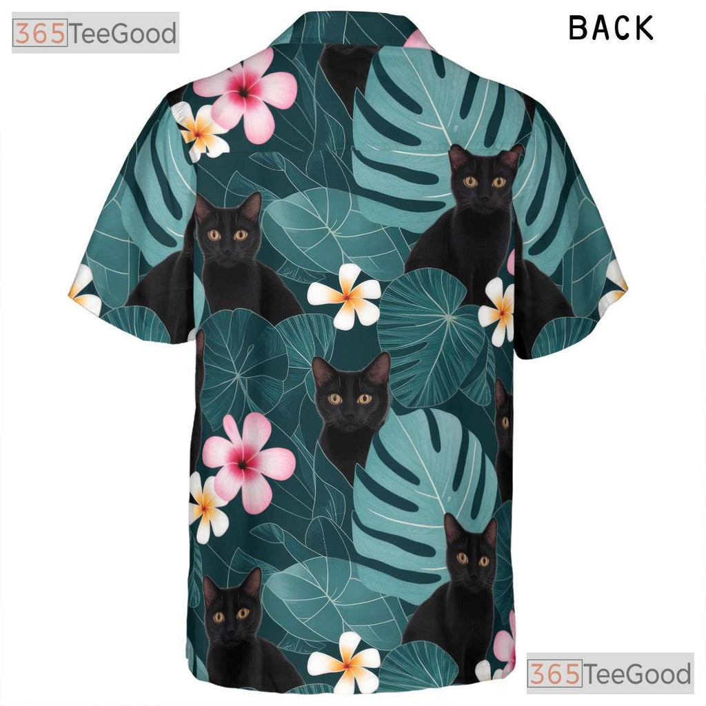 Unisex Black Cat Hawaiian Shirt- Tropical Aqua Jungle Leaf Floral Aloha Tee