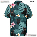 Unisex Black Cat Hawaiian Shirt- Tropical Aqua Jungle Leaf Floral Aloha Tee