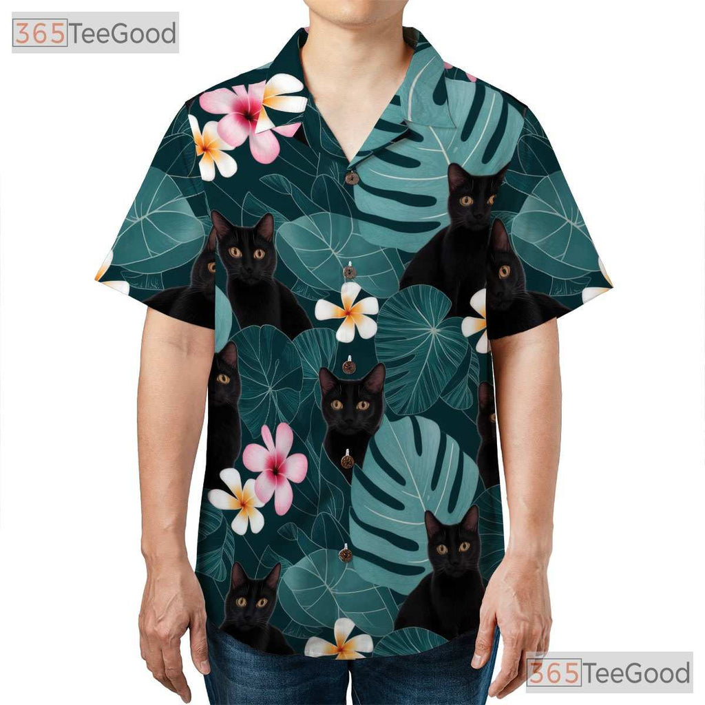 Unisex Black Cat Hawaiian Shirt- Tropical Aqua Jungle Leaf Floral Aloha Tee