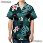 Unisex Black Cat Hawaiian Shirt- Tropical Aqua Jungle Leaf Floral Aloha Tee