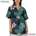 Unisex Black Cat Hawaiian Shirt- Tropical Aqua Jungle Leaf Floral Aloha Tee
