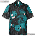 Unisex Black Cat Hawaiian Shirt- Tropical Jungle Leaf Graphic Pattern Top