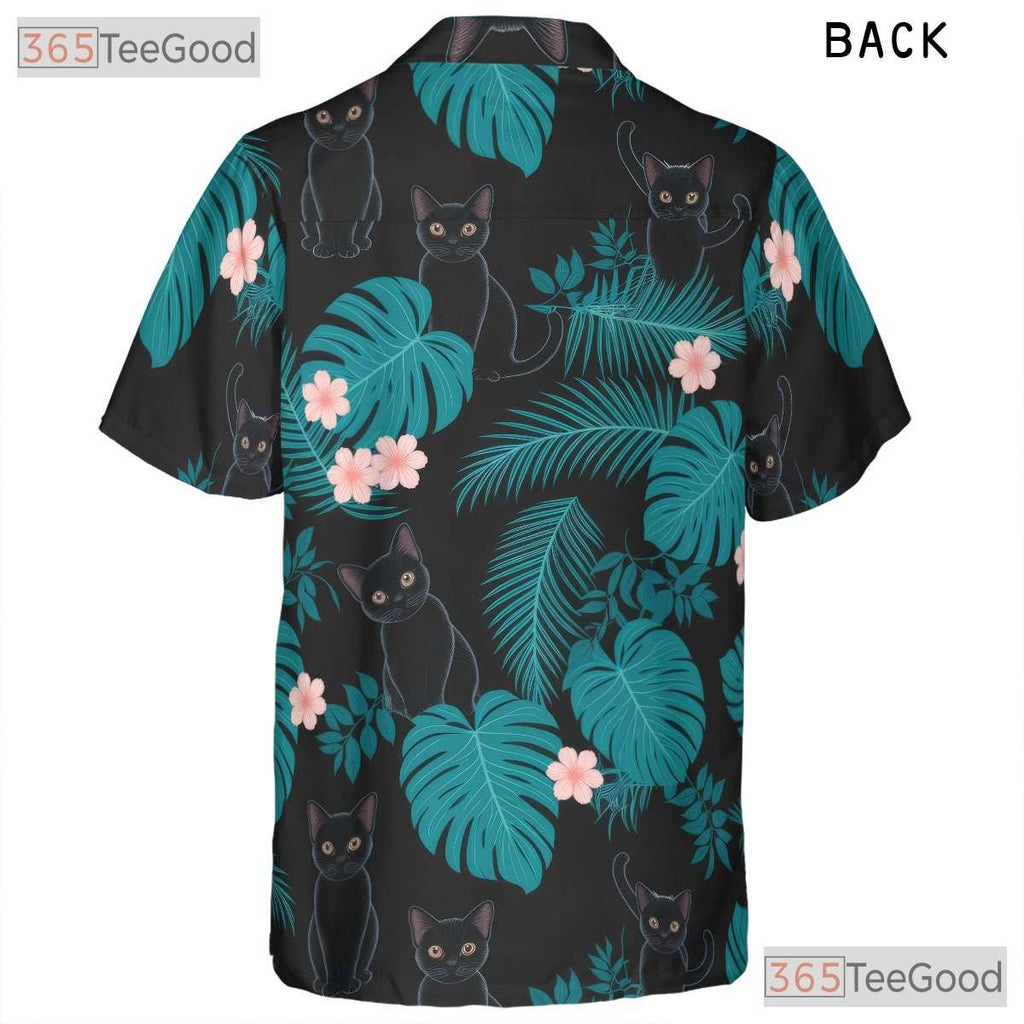 Unisex Black Cat Hawaiian Shirt- Tropical Jungle Leaf Graphic Pattern Top