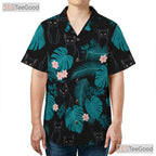 Unisex Black Cat Hawaiian Shirt- Tropical Jungle Leaf Graphic Pattern Top