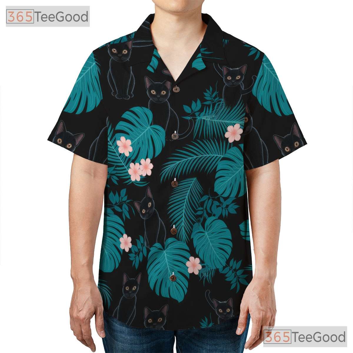 Unisex Black Cat Hawaiian Shirt- Tropical Jungle Leaf Graphic Pattern Top