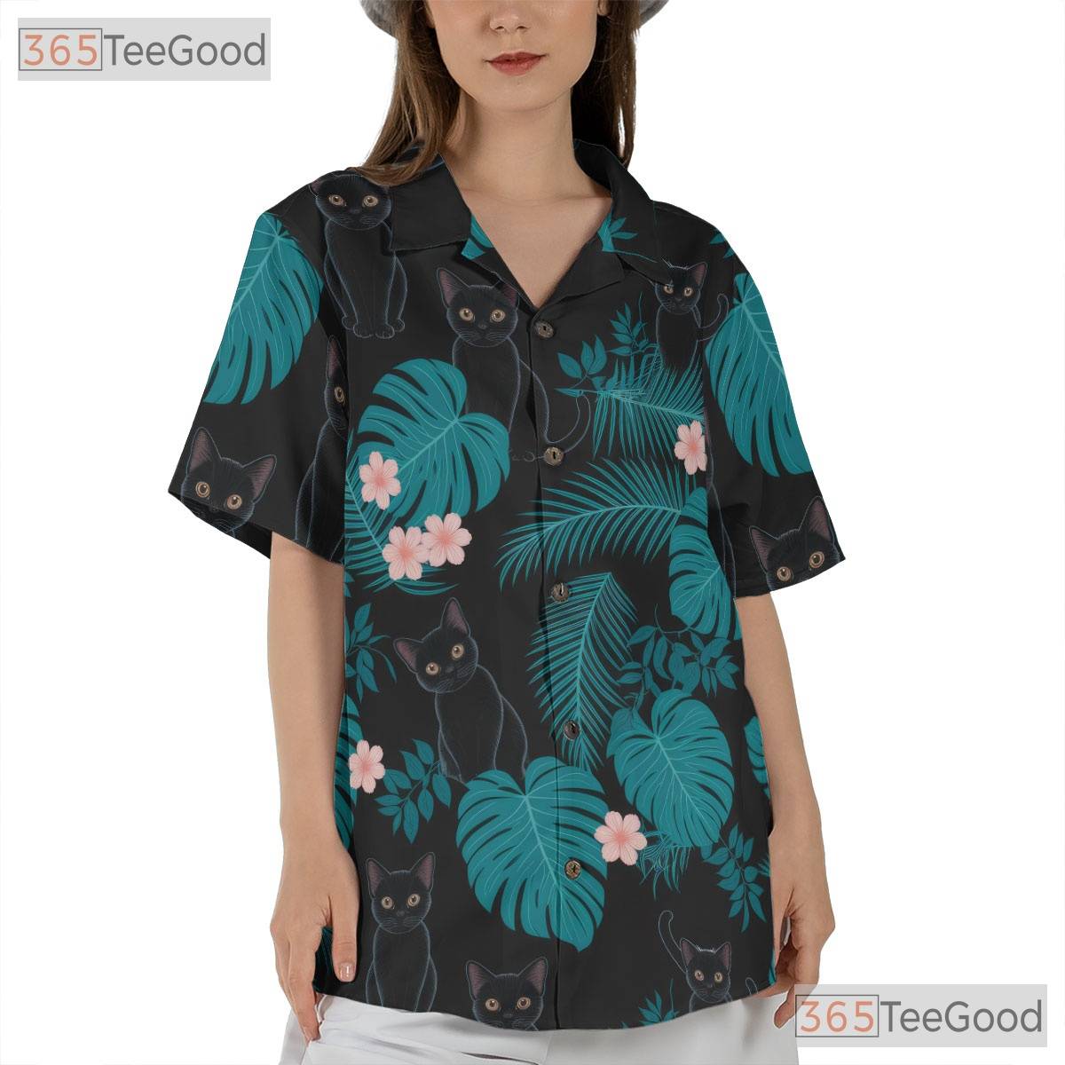 Unisex Black Cat Hawaiian Shirt- Tropical Jungle Leaf Graphic Pattern Top