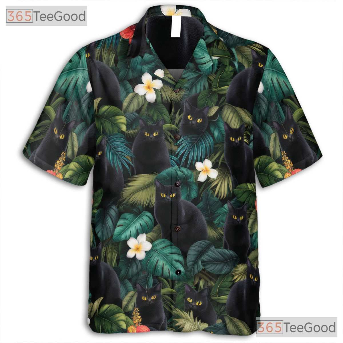 Unisex Black Cat Print Hawaiian Tee- Blue Jungle Leaf Tropical Island Outfit