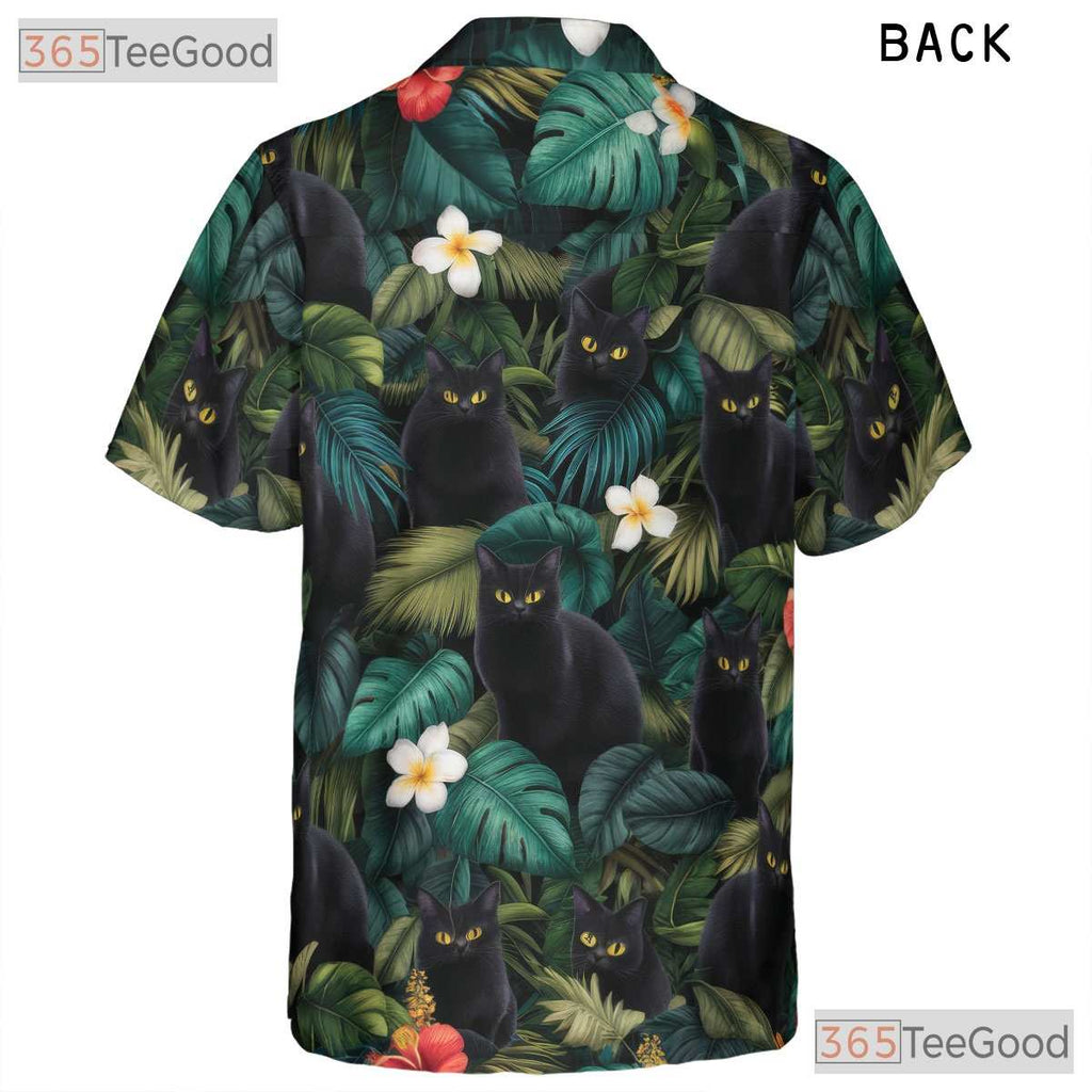 Unisex Black Cat Print Hawaiian Tee- Blue Jungle Leaf Tropical Island Outfit