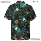 Unisex Black Cat Print Hawaiian Tee- Blue Jungle Leaf Tropical Island Outfit
