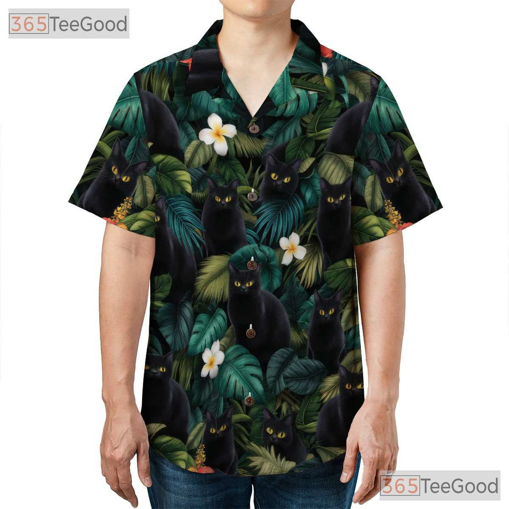 Unisex Black Cat Print Hawaiian Tee- Blue Jungle Leaf Tropical Island Outfit