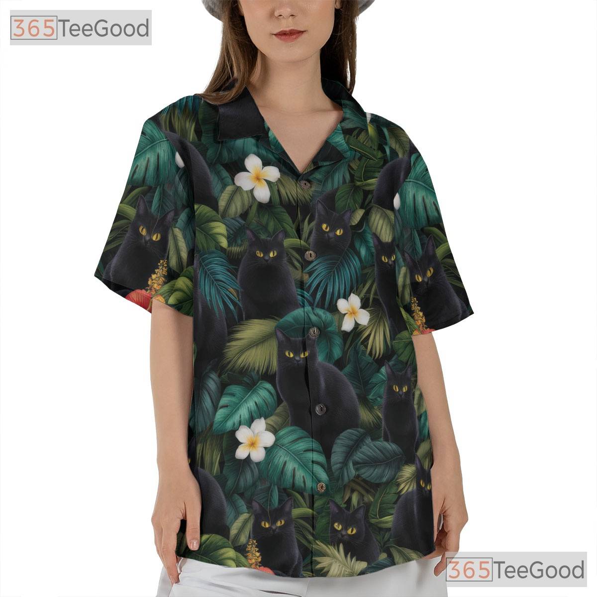Unisex Black Cat Print Hawaiian Tee- Blue Jungle Leaf Tropical Island Outfit