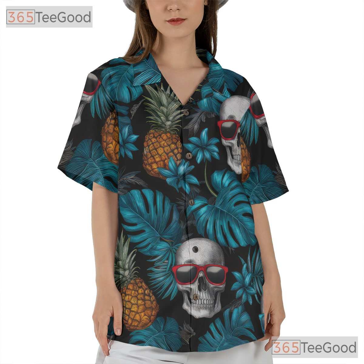 Unisex Blue Skull Pineapple Hawaiian Shirt - Gothic Tropical Beach Style