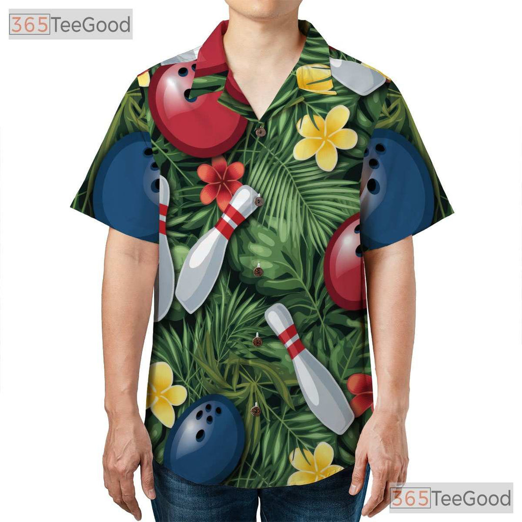 Unisex Bowling Hawaiian Shirt- Tropical Palm Leaf Hibiscus Aloha Outfit