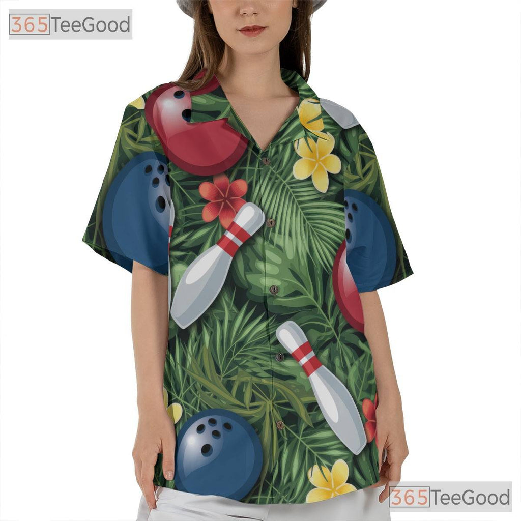 Unisex Bowling Hawaiian Shirt- Tropical Palm Leaf Hibiscus Aloha Outfit