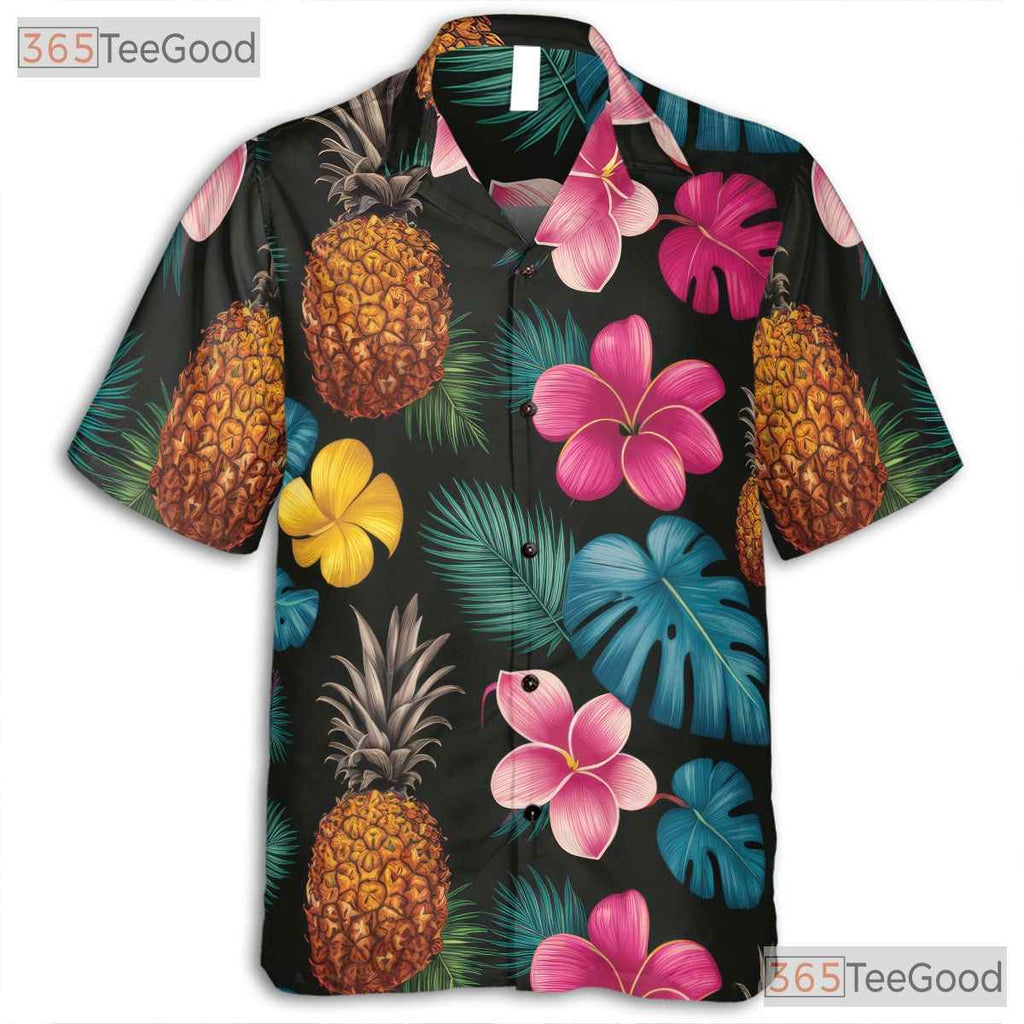 Unisex Bright Pineapple Hibiscus Hawaiian Shirt- Tropical Floral Summer Top