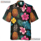 Unisex Bright Pineapple Hibiscus Hawaiian Shirt- Tropical Floral Summer Top