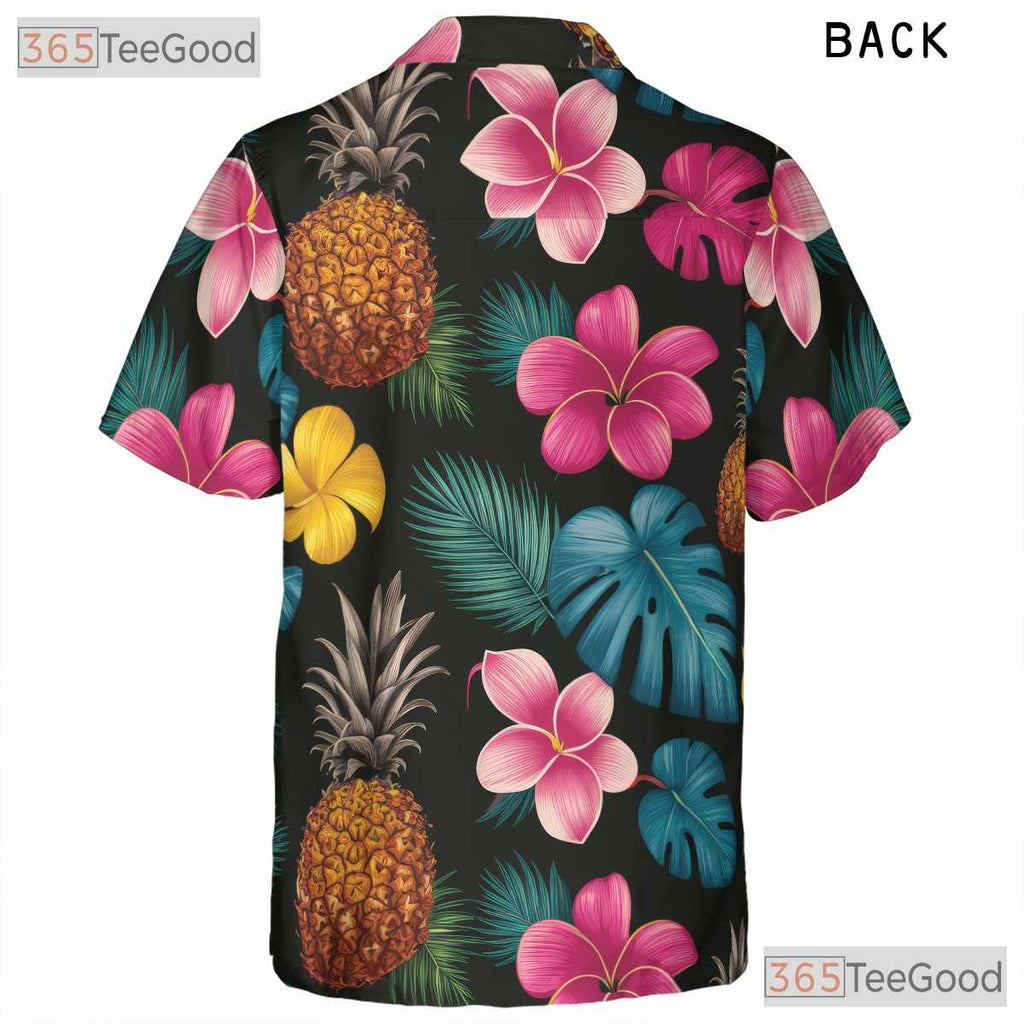 Unisex Bright Pineapple Hibiscus Hawaiian Shirt- Tropical Floral Summer Top