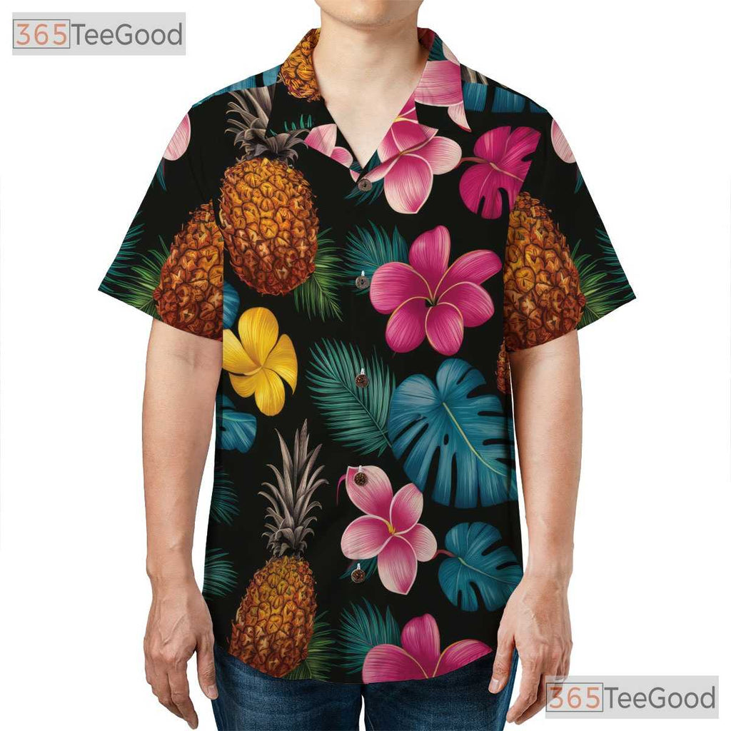 Unisex Bright Pineapple Hibiscus Hawaiian Shirt- Tropical Floral Summer Top