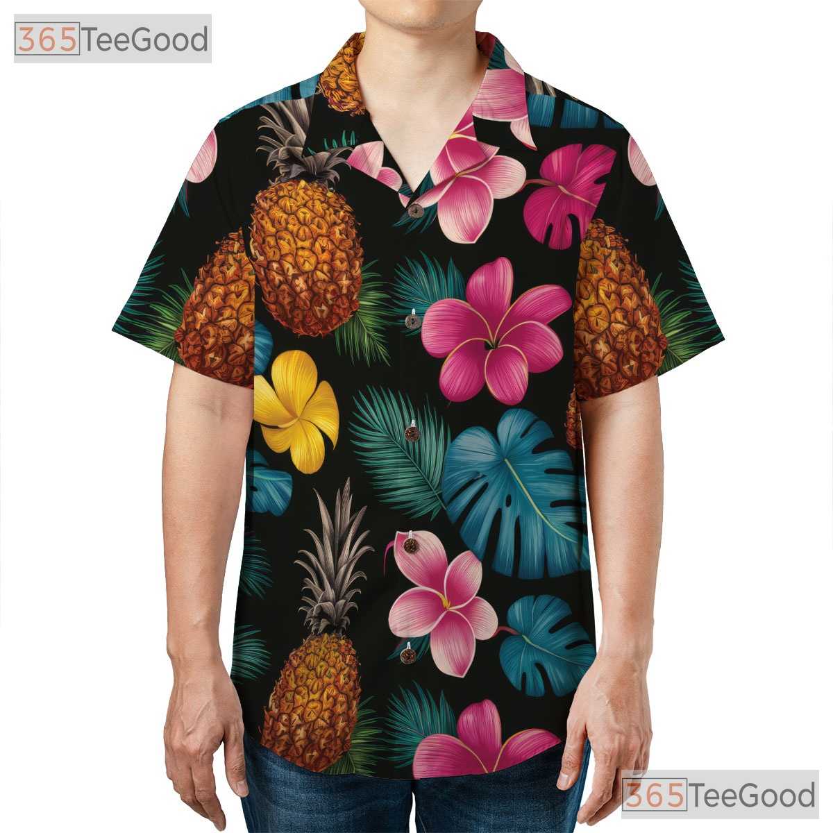Unisex Bright Pineapple Hibiscus Hawaiian Shirt- Tropical Floral Summer Top
