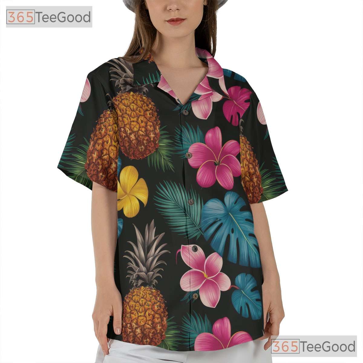 Unisex Bright Pineapple Hibiscus Hawaiian Shirt- Tropical Floral Summer Top
