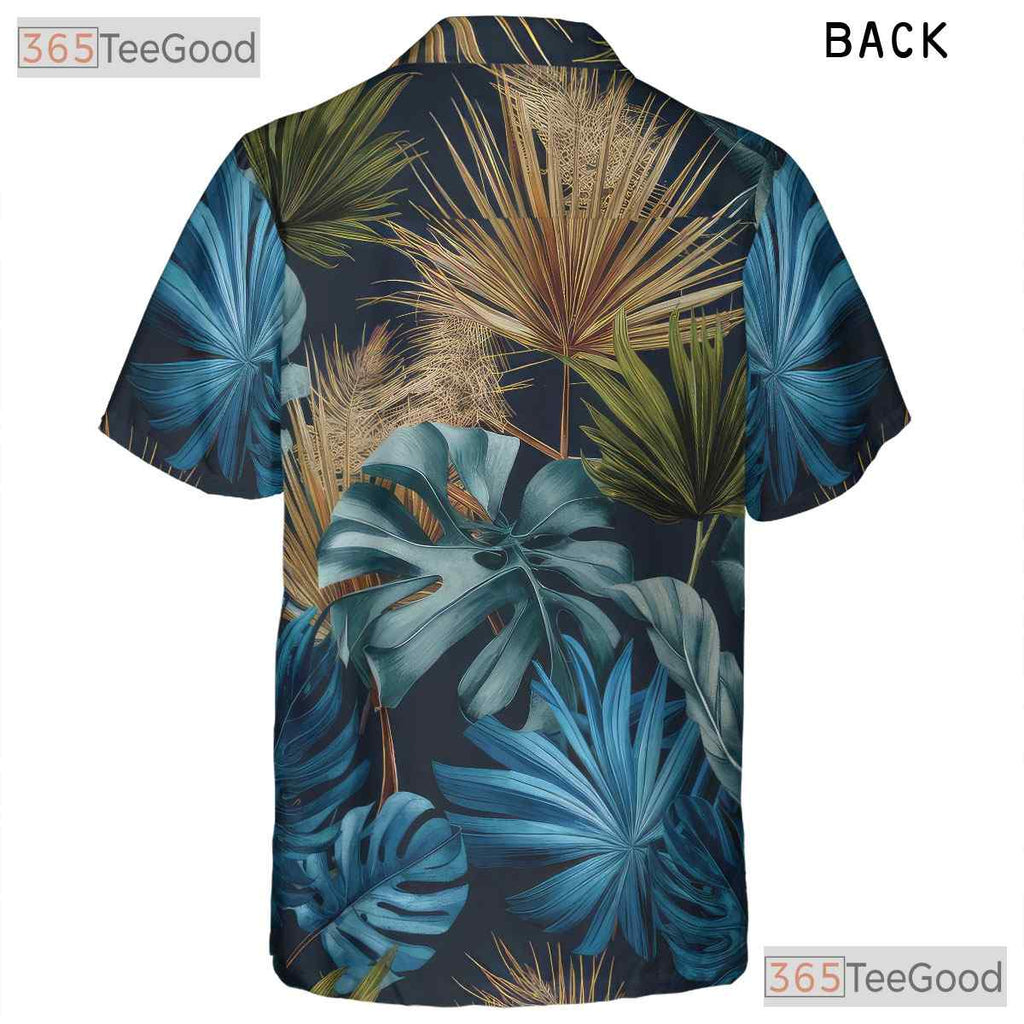 Unisex Dark Navy Hawaiian Shirt - Tropical Palm Leaf Casual Beach Party Outfit