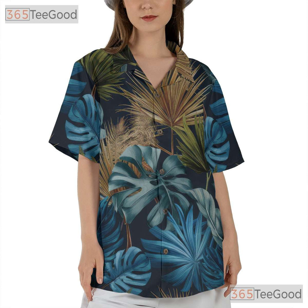 Unisex Dark Navy Hawaiian Shirt - Tropical Palm Leaf Casual Beach Party Outfit