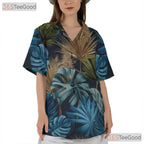 Unisex Dark Navy Hawaiian Shirt - Tropical Palm Leaf Casual Beach Party Outfit