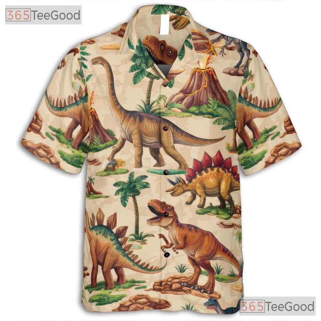 Unisex Dino Jungle Volcano Hawaiian Shirt - Fossil Prehistoric Beach Style