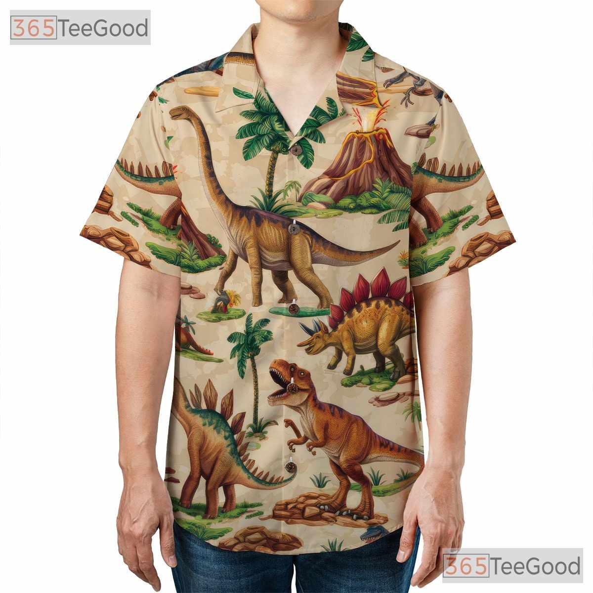 Unisex Dino Jungle Volcano Hawaiian Shirt - Fossil Prehistoric Beach Style