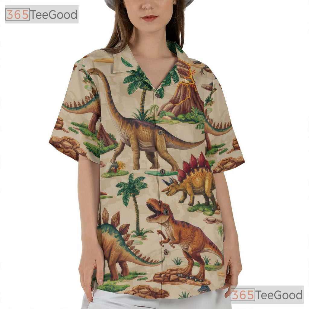 Unisex Dino Jungle Volcano Hawaiian Shirt - Fossil Prehistoric Beach Style