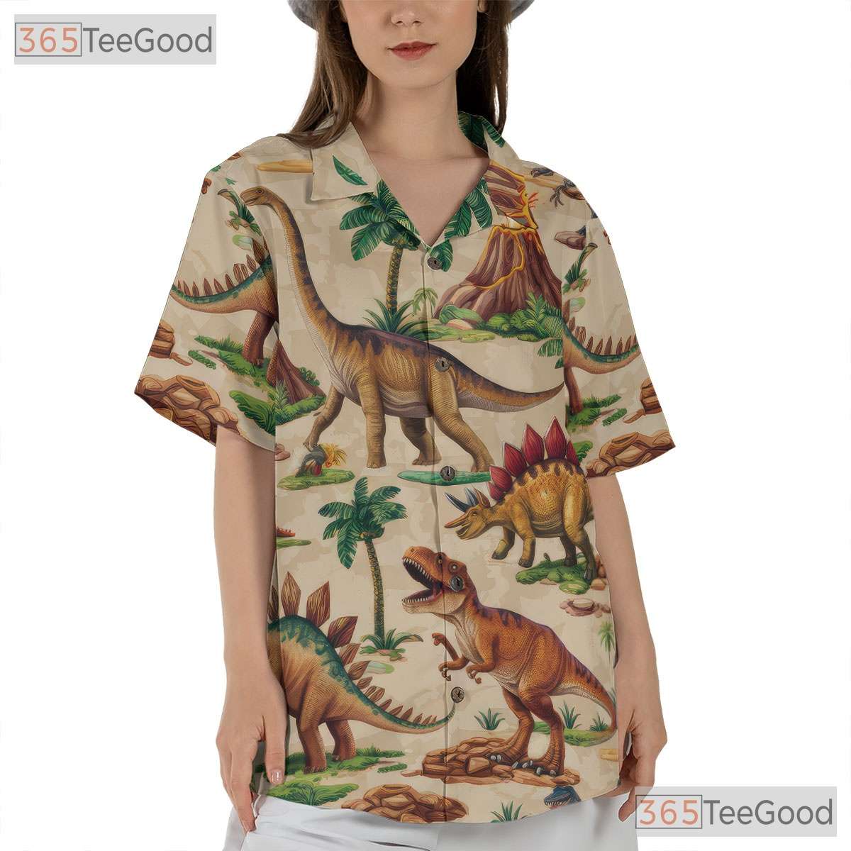 Unisex Dino Jungle Volcano Hawaiian Shirt - Fossil Prehistoric Beach Style
