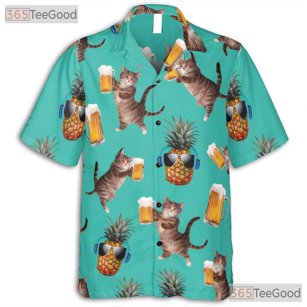 Unisex Funny Beer Cat Hawaiian Shirt- Pineapple Sunglasses Tropical Apparel