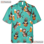 Unisex Funny Beer Cat Hawaiian Shirt- Pineapple Sunglasses Tropical Apparel