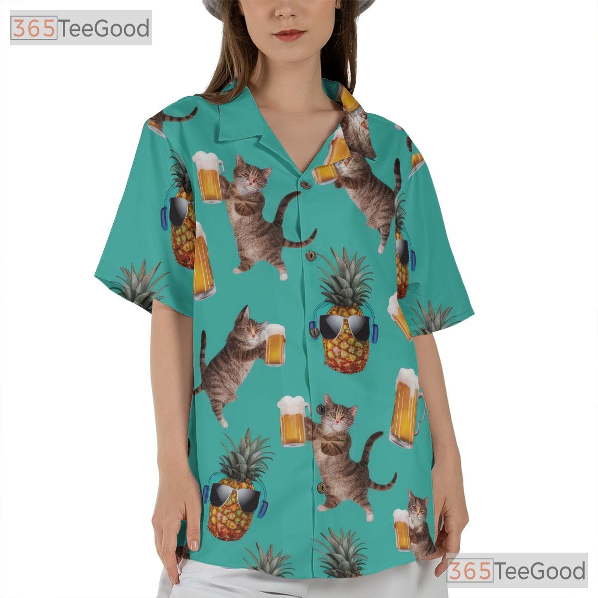 Unisex Funny Beer Cat Hawaiian Shirt- Pineapple Sunglasses Tropical Apparel