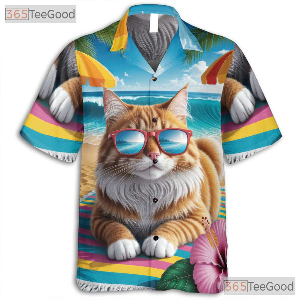 Unisex Funny Cat Hawaiian Shirt- Tropical Beach Palm Tree Hibiscus Summer Tee