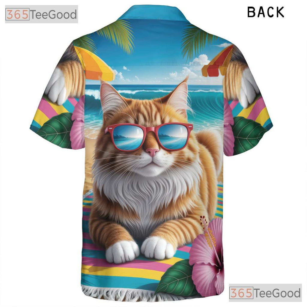Unisex Funny Cat Hawaiian Shirt- Tropical Beach Palm Tree Hibiscus Summer Tee