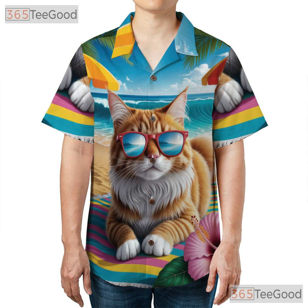 Unisex Funny Cat Hawaiian Shirt- Tropical Beach Palm Tree Hibiscus Summer Tee