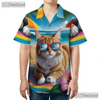 Unisex Funny Cat Hawaiian Shirt- Tropical Beach Palm Tree Hibiscus Summer Tee