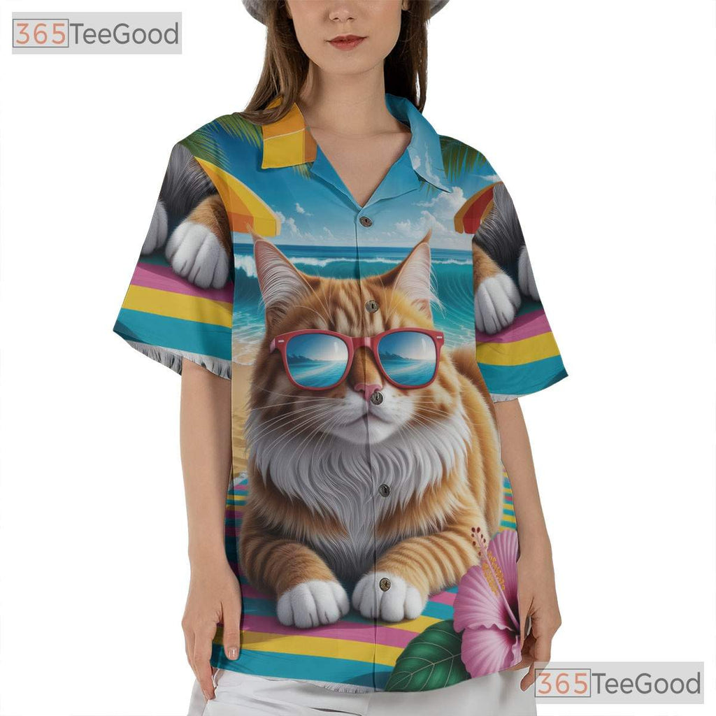 Unisex Funny Cat Hawaiian Shirt- Tropical Beach Palm Tree Hibiscus Summer Tee