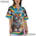 Unisex Funny Cat Hawaiian Shirt- Tropical Beach Palm Tree Hibiscus Summer Tee