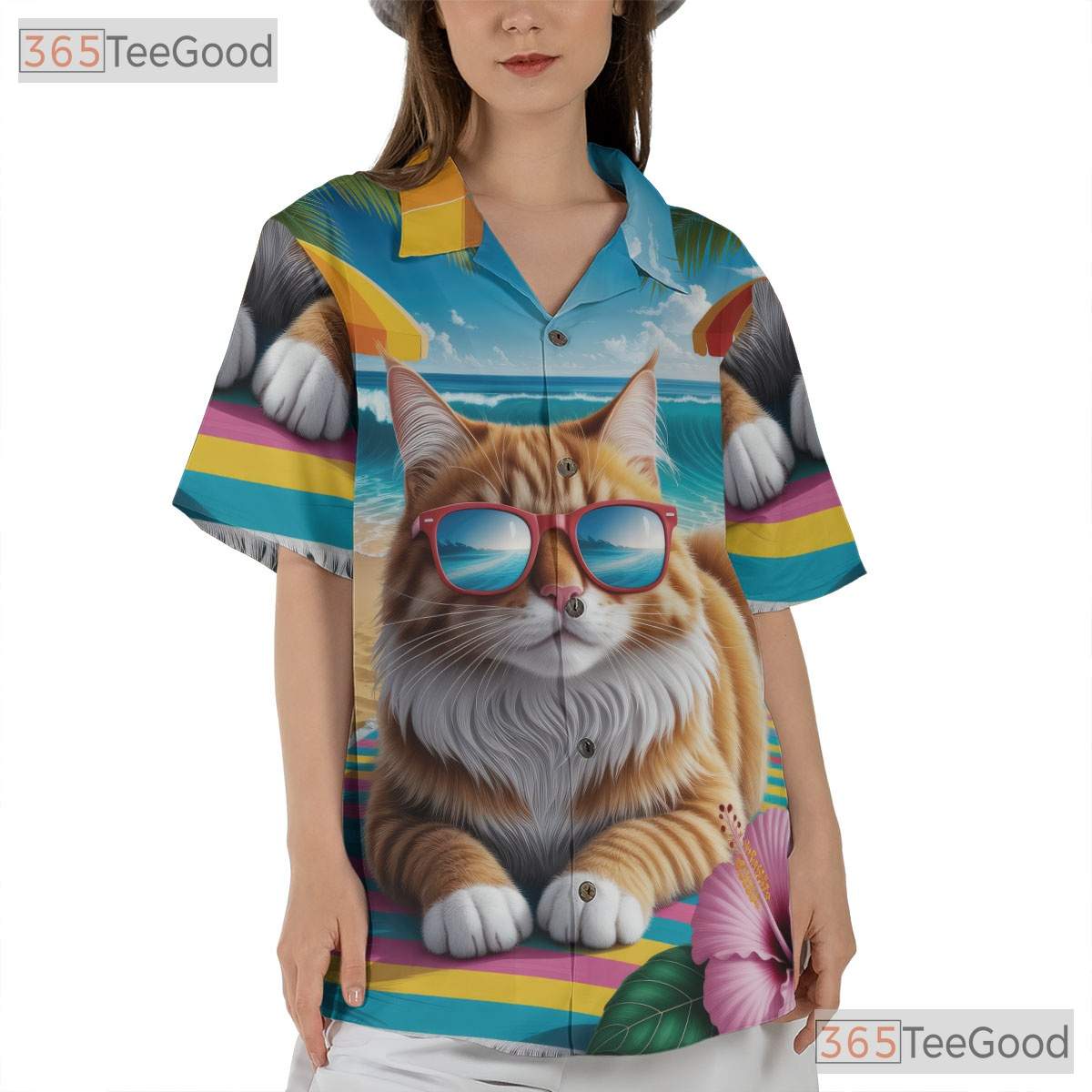 Unisex Funny Cat Hawaiian Shirt- Tropical Beach Palm Tree Hibiscus Summer Tee