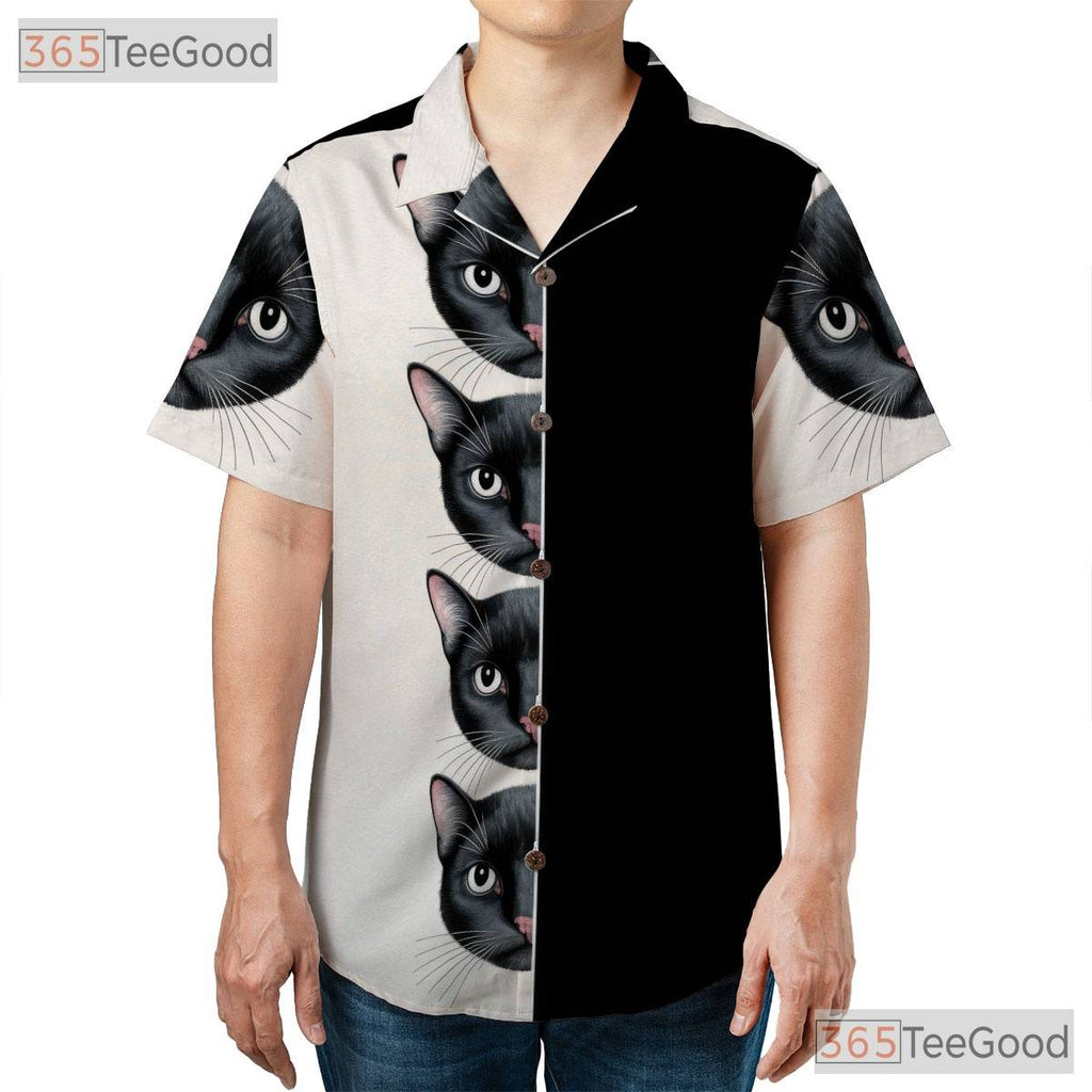 Unisex Gothic Black Cat Hawaiian Shirt- Retro Aesthetic Peeking Face Art Tee