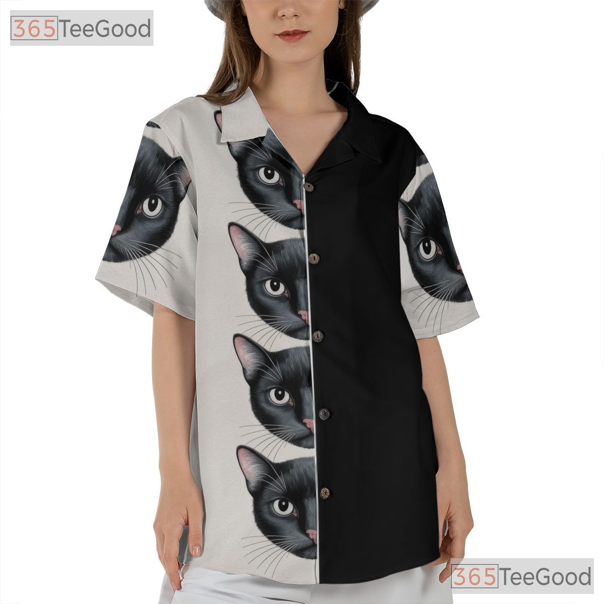 Unisex Gothic Black Cat Hawaiian Shirt- Retro Aesthetic Peeking Face Art Tee